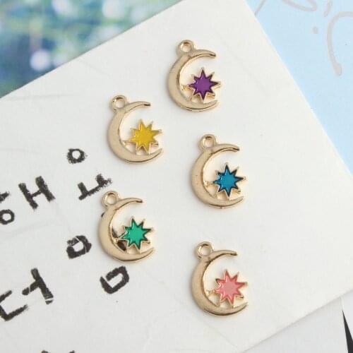 Mini order 10pcs 14*19MM Gold Tone Enamel Alloy Stars Moon Pendant Charms Ornament Accessories Keyring Earring Floating Pendants