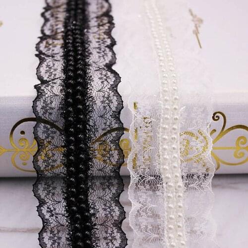 10Yards White Black Color Pearls Beaded Lace Embroidered Edge Ribbon Fashion Wedding Decoration 4cm