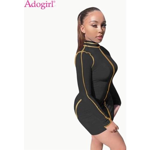 Adogirl Color Patchwork Women Bodycon Dress Turtleneck Long Sleeve Sheath Mini Night Club Party Dresses Fashion Clothing