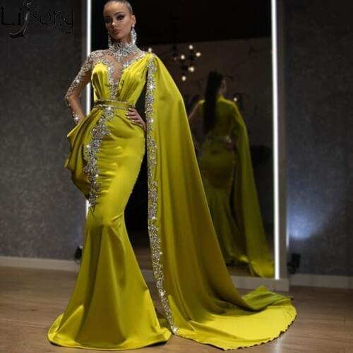 Dubai Arabic Mermaid Prom Dresses 2020 Luxury Beading Lime Green Long Evening Dress Long Sleeve Party Gown robe abendkleider