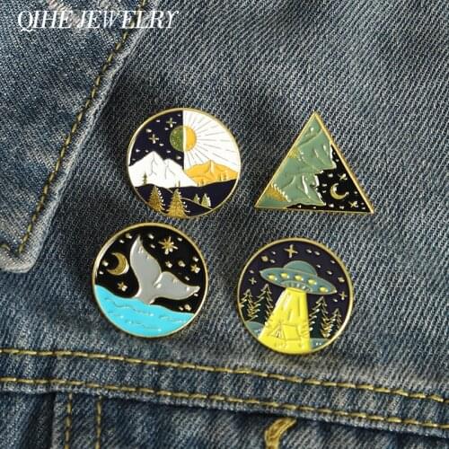 Outdoors Enamel Pin Day and Night Ocean Mountain Metal Alloy Badges Brooches for Women Men Gift for Travel Lover