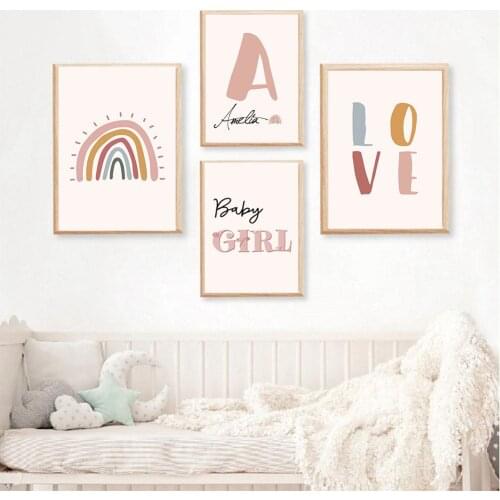 Baby Girl Custom Name Canvas Painting Nursery Rainbow Wall Art Print Love Poster Nordic Wall Pictures for Girls Room Decoration