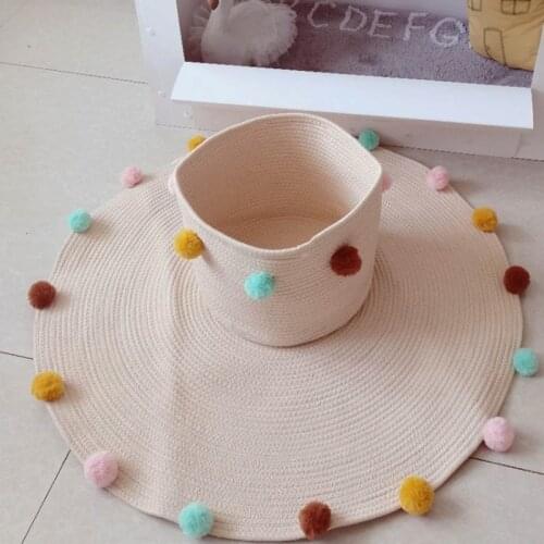 Newborn Baby Hand Woven Cotton Crawling Pad with Wool Ball Play Game Rugs Round Floor Carpet Mat for Children Interior Room Deco