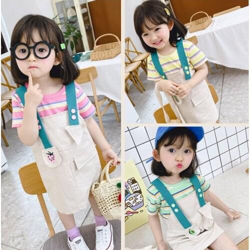 Summer Toddler Girls Sets Color Striped Short Sleeve T-shirt Strap Dress 2 3 4 5 6 Years Baby Girl Suits Fashion Children 2pcs