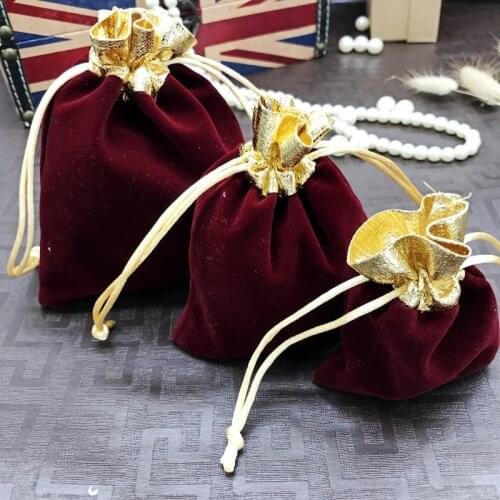 New 200pcs Wine Red Velvet Jewelry Bags 7x9 10x12 12x15cm Gold Mouth Jewelry Gift Bags Drawstring Wedding Christmas Jewelry Bags