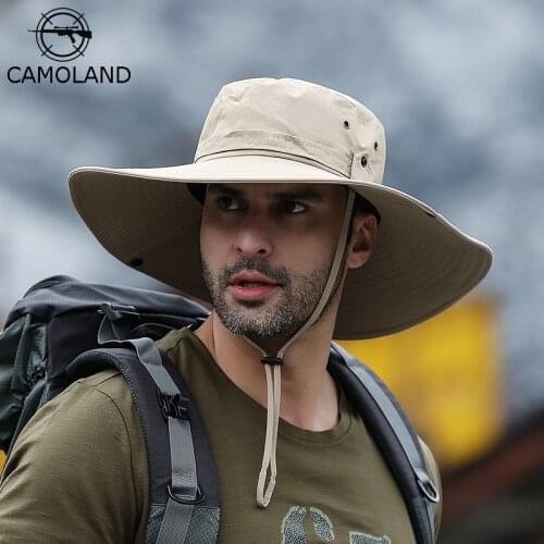 CAMOLAND Summer Wide Brim Sun Hats Men Outdoor Fishing Hiking Beach Hat Waterproof Bucket Hat Mesh Breathable Anti UV Boonie Cap