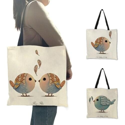 Unisex Casual Handbag Chubby Little Bird with Leaf Printed Shoulder Bags Students School Large Capacity Shopping Beach Tote Bag