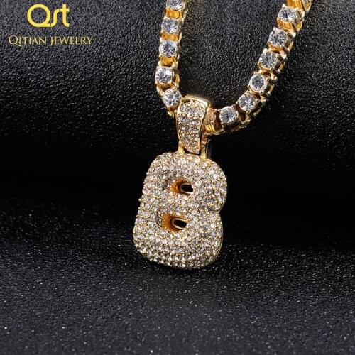 QITIAN Bling A-Z Custom Bubble Letters Name Necklace Pendant Rhinestone Mens CZ Hip Hop Tennis Chain Necklaces Jewelry Gifts