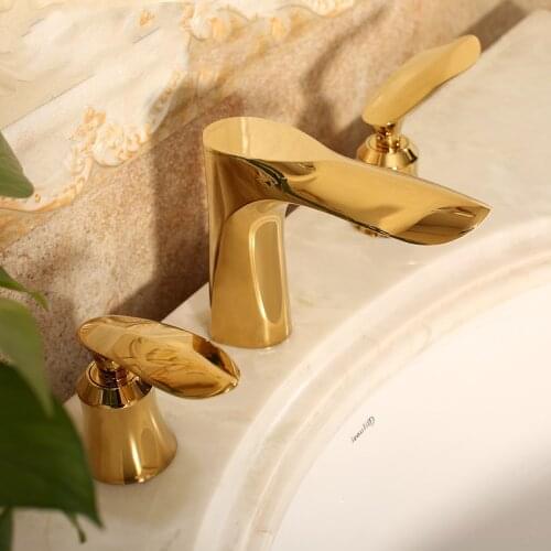 Luxury gold solid brass bathroom sink basin faucet Art design Dual handle three holes mixer faucet