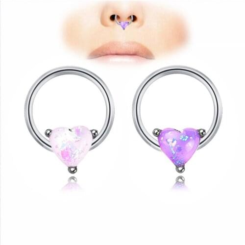 Fashion 1PC Stainless Steel White Purple Resin Heart Clicker Nose Septum Helix Piercings Nariz Septum Round Shape Ear Stud