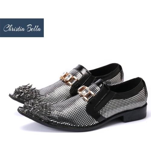 Punk Style Men Shoes with Personality Metal Toe Genuine Leather Dress Shoes for Men Formal Business Party and Wedding Shoes