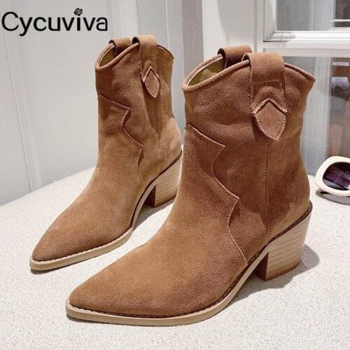 Autumn Women Short Boots Chunky Heel Suede Leather Ankle Boots For Women Pointy Toe Cowboy Martain Boots High Heel Casual Shoes