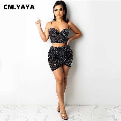 CM.YAYA Women Set Solid Diamonds Sleeveless Strap Zip Crop Tops Mini Skirts Two 2 Piece Sets Sexy Night Party Vestidos Summer