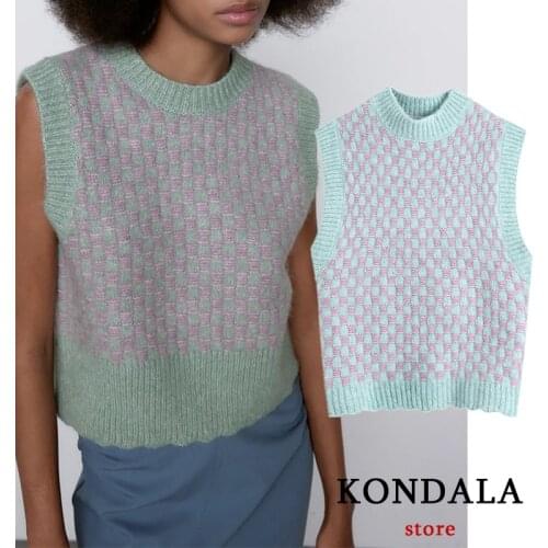KONDALA Womens Sweaters Za Fashion 2021 Vintage Plaid Sleeveless Sweaters Female Loose Casual Pullovers Chic Mujer Tops
