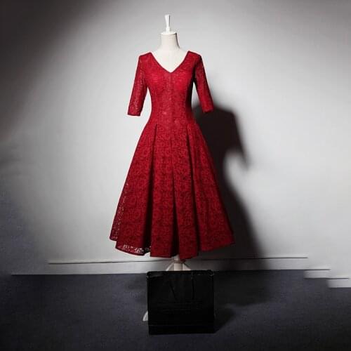 Evening Dress Burgundy Half Sleeves Elegant Pleat A-Line V-Neck Floral Print Knee-Length New Party Formal Dresses Woman B1011