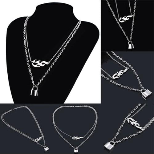 2019 Charm Double-deck Hip-hop Flame Lock Pendant Necklace Male Female Chokers Street Dance Chain Cool Punk Jewelry