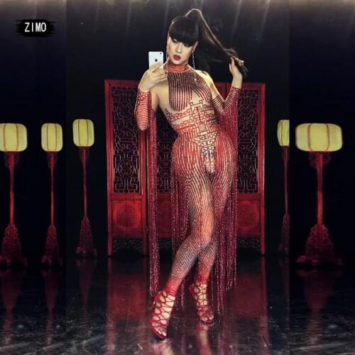 Red Jumpsuit Sexy Long Tassel Rhinestone Dress for Women Outfit Nightclub Singer Costume Stage dance wear pole DS Clothing rave