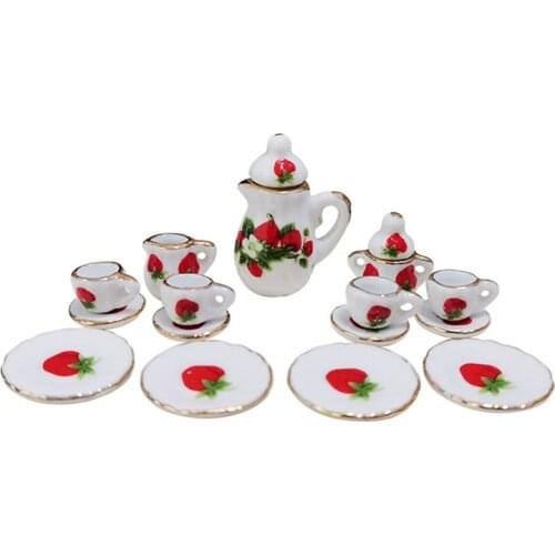 Mini Miniature Model Room Dollhous Play House Furniture Toy Coffee Tea Cups 15pcs Dolls House Ceramic Dish Cups Pot Set