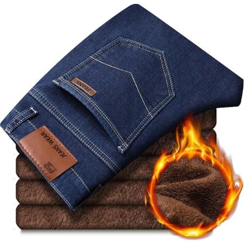 2020 Men Fashion Winter Jeans Men Black Color Slim Fit Stretch Thick Velvet Pants Warm Jeans Casual Fleece Trousers Male