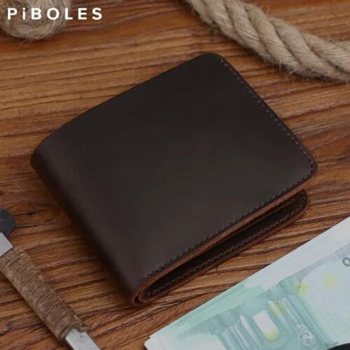 100% Handmade Crazy Horse Genuine Leather Men Wallet Male Short Card Holder Purse Money Clips Wallet Leather Bag