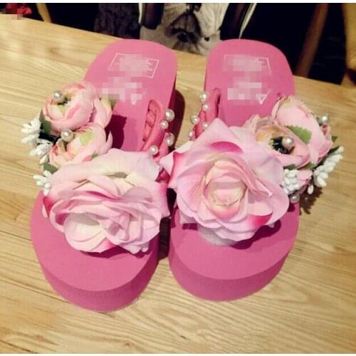 Necessary summer beach slippers Female five flower wedges sandals flip-flops Bohemia flowers