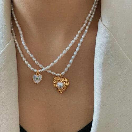 Brass With 18K Gold Real Pearl Heart Pendant Necklace Women Jewelry Punk Party Designer Club Cocktail Ins Rare Japan Korea
