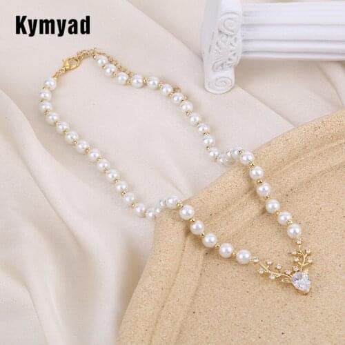 Kymyad Copper Choker Necklace For Women Simulated Pearl Chains Jewelry Geometric Zirconia Antlers Pendant Necklaces High Quality