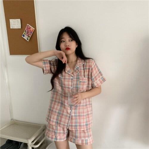 Casual Sweet Pajama Women Nightwear Grid Printed Summer Short Sleeve Sleepwear Trendy Leisure Korean Style Shorts Homewear Suit