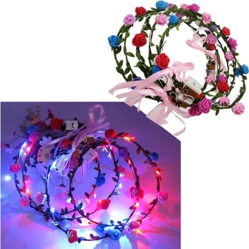 100pcs Flashing LED Tiara Headbands Boho Flowers Hairband Hawaii lei Headwear Glowing Head Wreaths for Girls Women WA2579