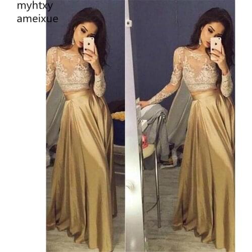 Simple Sexy Evening Dresses Floor Length Appliques Long Sleeves Evening Gowns Two Pieces Custom Made Vestido De Noche Plus Size