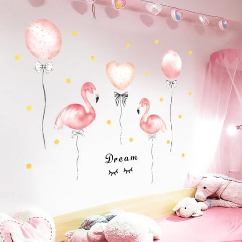 Pink Flamingo Balloon Wall Stickers for Girls room Kids room Bedroom Removable Vinyl Wall Decals PVC Self-adhesive Wall Mural