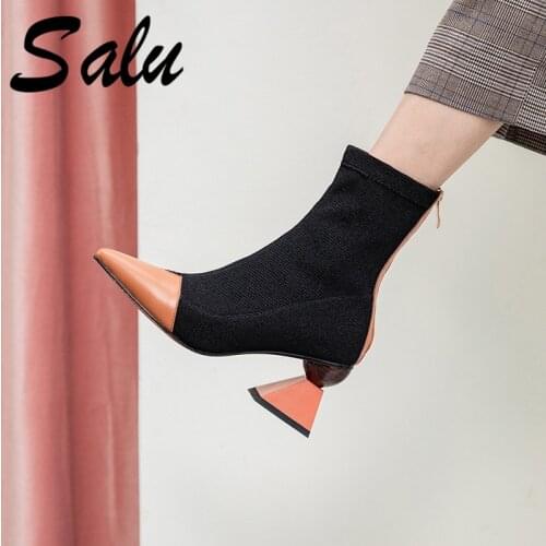 Salu New Brand Pointed Toe Starge Heels Women Ankle Boots Zipper Classic Western Boots Fashion Party Office Shoes Woman