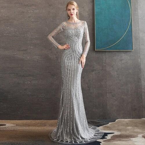 Sexy Mermaid Long Sleeve Scalloped-Neck Evening Dress Glitter Silver Rhinestones Formal Gown Illusion Back Pageant Dress