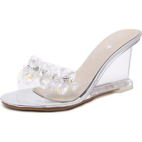 STAN SHARK Women Crystal Slipper Wedge Sandals Female Sexy Crystal Transparent High Heels Rhinestone Wedge Sandals