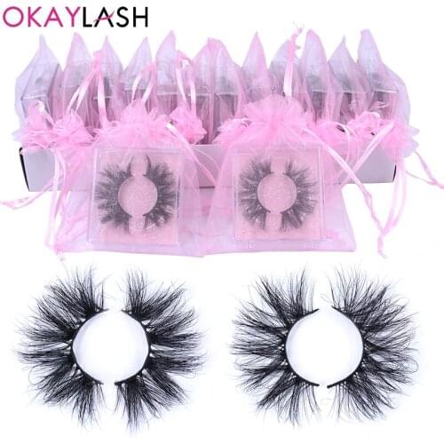 OKAYLASH 25mm Super Long Fluffy Dramatic False Clis 3D High Volume Full Eyelashes 5D Siberian Lashes with Pink Mesh Bag
