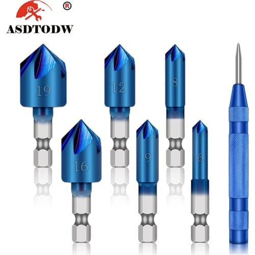 7PCS 90 Degree Countersink Drill Chamfer Bit 1/4" Hex Shank Carpentry Woodworking Angle Point Bevel Cutting Cutter Remove Bur