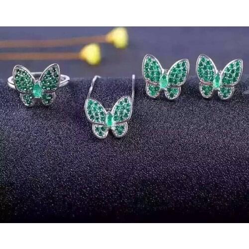 Natural green emerald gem jewelry sets natural gemstone ring Pendant Earrings 925 silver Elegant lovely heart butterfly jewelry