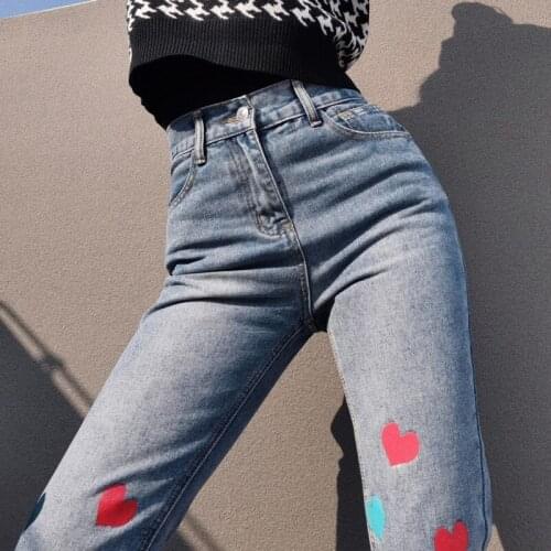 WOMENGAGA Love Heart Printed Jeans 2021 Fall New Women High Waist Irregular Frayed Straight Ankle-Length Denim Pants Female BUL8