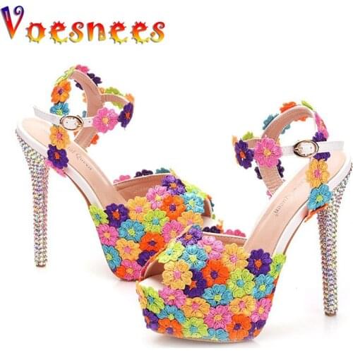 Multicolour Flower New 2019 Women Summer Gladiator Sandals Shoes Pumps Ladies High Heels 14CM Sweet Ladies Platform Wedding Shoe