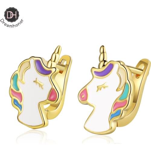 Dreamhonor 925 Sterling Silver Colorful Unicorn Earrings Gold Color Animal Horse Earrings For Women Girls Wedding Party Jewelry
