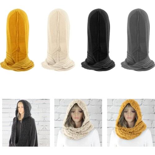 Womens Hooded Scarf Knitted Hoodie Pullover 3 in 1 Shawl Long Headscarf