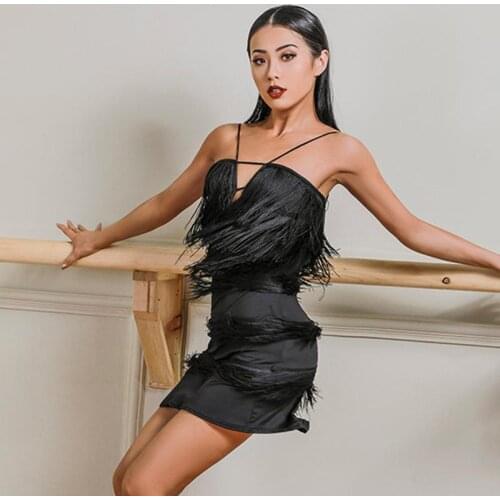 Women Sexy Salsa Samba Cha Cha Fringe Dresses Black Latin Dance Dress For Backless Tango Rumba Ballroom Practice Costume