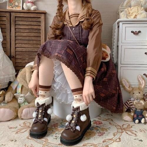 Winter kawaii girl sweet lolita boots vintage round head plus cashmere warm women shoes cute bowknot kawaii snow boots lolita