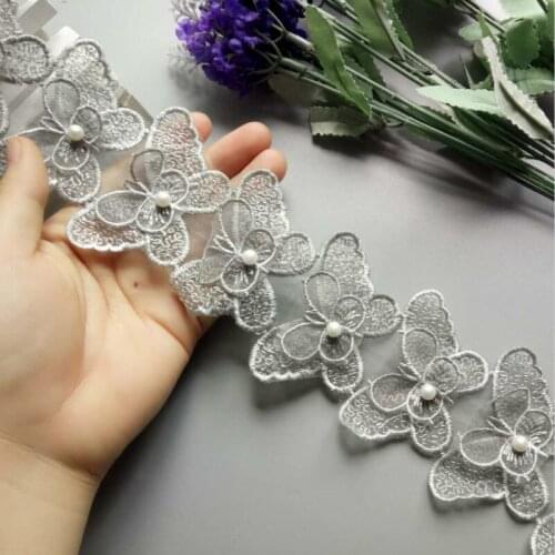 1 yard Gray Butterfly Bowknot Pearl Embroidered Lace Trim Fabric Lace Ribbon Handmade DIY Sewing Craft For Costume Decoration