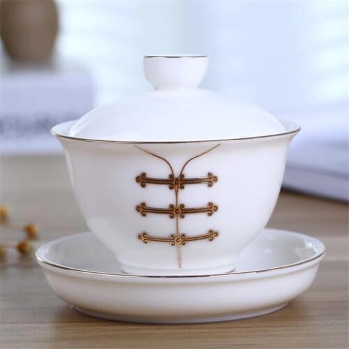 150ml Jingdezhen Handwork Gaiwan Ceramic Porcelain Gold White Tea Bowl with Lid Saucer Kit Tea Tureen Teapot Teaware Drinkware