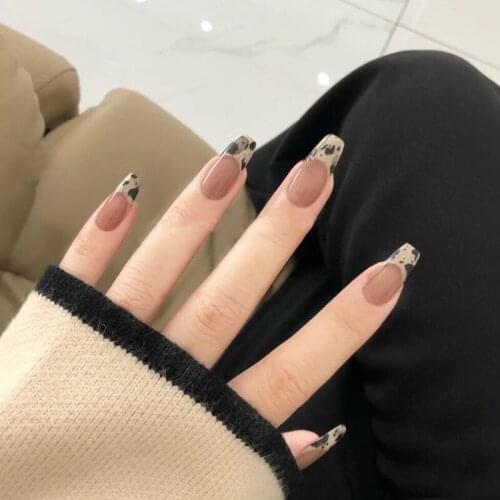 24pcs Long Coffin French Stilettos Fake Nails Full Coverage Manicure Extension Manicure Tool Ballerina Flame Press Nail Art