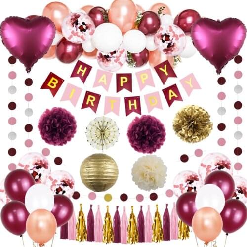 59pcs/Set Burgundy Birthday Party Decorations For Women Balloon Garland Wine Red Banner Paper Flower Fan Lantern Party Supplies