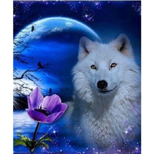Diamond Painting 5D DIY Animal Painting Moon Under the White Wolf Scenery Picture Square/Round Diamond Cross Stitch Decor TX244
