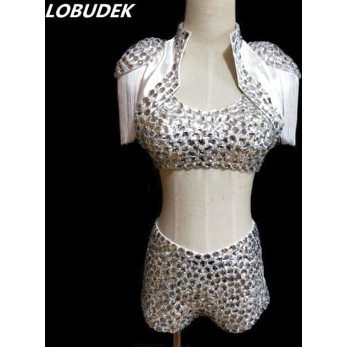 Sparkly Full Rhinestones Bikini White 3 Pieces Set Sexy Stage Outfit Female Nightclub Bar Costume Dance Team Jazz Dance Clothes