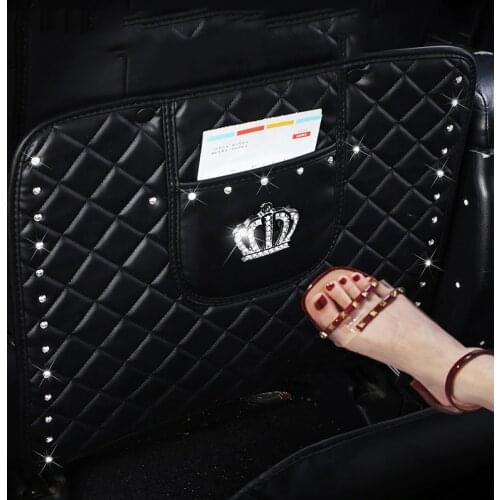 Leather Crown Car Seat Back Anti Click Mat Phone Card Storage Organizador Crystal Diamond Backseat Protector Organizer For Adult
